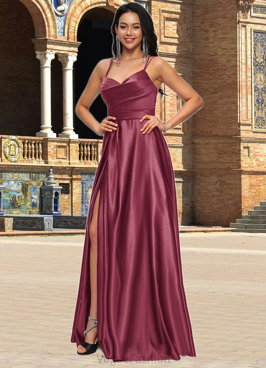 Isabelle A-line V-Neck Floor-Length Satin Prom Dresses DKP0022197