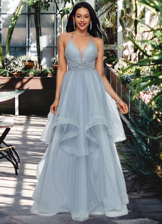 Tiana Ball-Gown/Princess Halter V-Neck Floor-Length Tulle Prom Dresses With Beading Rhinestone Sequins DKP0022199