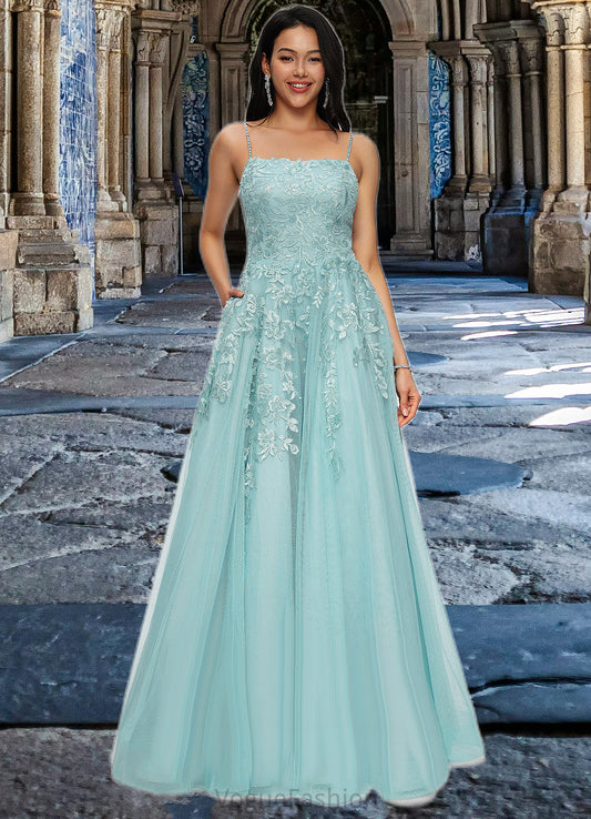 Jazlynn Ball-Gown/Princess Straight Floor-Length Tulle Prom Dresses With Appliques Lace Sequins DKP0022206