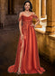 Viviana A-line Off the Shoulder Sweep Train Satin Prom Dresses With Rhinestone DKP0022208
