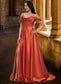 Viviana A-line Off the Shoulder Sweep Train Satin Prom Dresses With Rhinestone DKP0022208