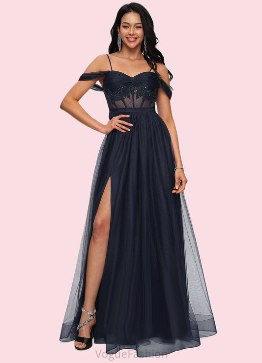 Ellen Ball-Gown/Princess Off the Shoulder Floor-Length Tulle Prom Dresses With Appliques Lace Sequins DKP0022221