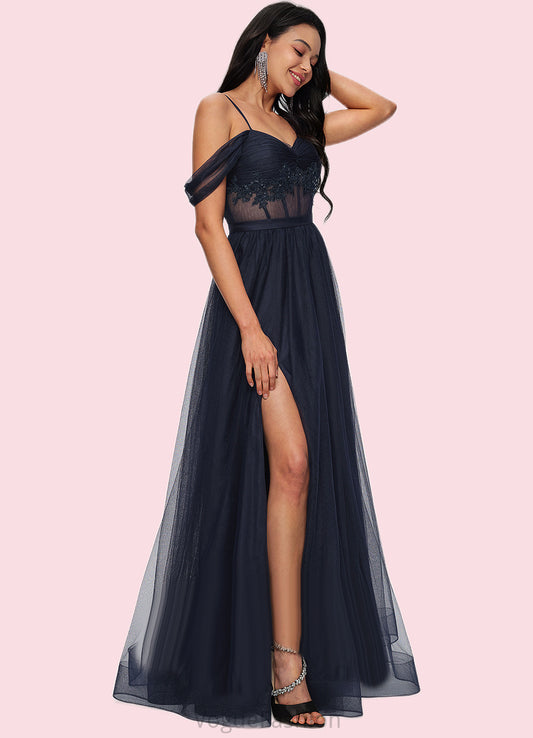 Ellen Ball-Gown/Princess Off the Shoulder Floor-Length Tulle Prom Dresses With Appliques Lace Sequins DKP0022221