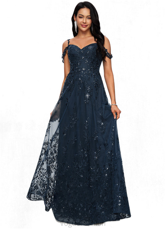 Keyla A-line V-Neck Floor-Length Lace Prom Dresses With Sequins DKP0022222