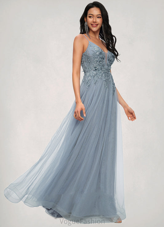 Ingrid A-line V-Neck Floor-Length Tulle Prom Dresses With Appliques Lace Sequins DKP0022223