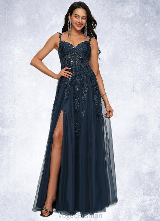 Michaelia A-line V-Neck Floor-Length Tulle Prom Dresses With Sequins DKP0022224