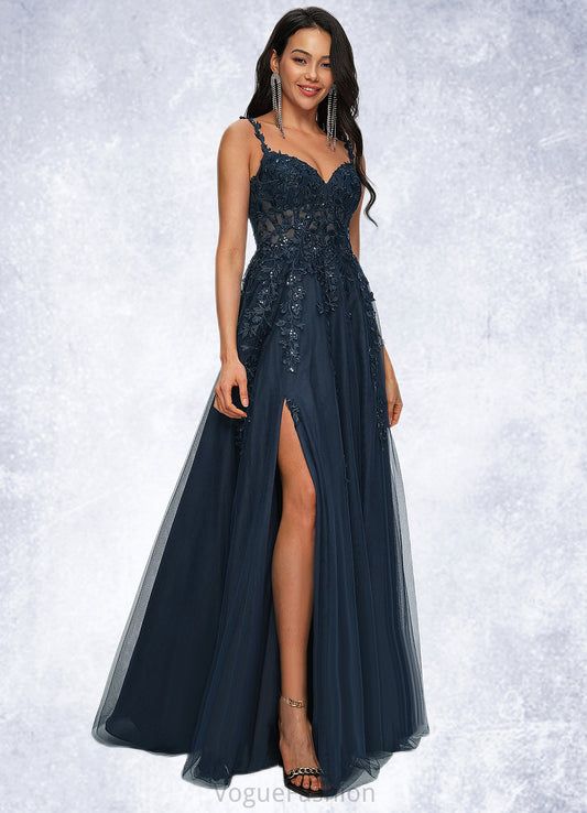 Michaelia A-line V-Neck Floor-Length Tulle Prom Dresses With Sequins DKP0022224