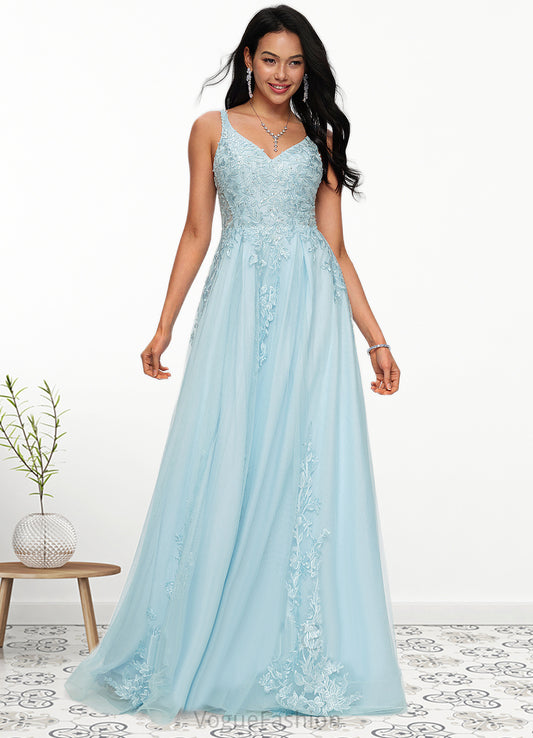 Kaelyn A-line V-Neck Floor-Length Tulle Prom Dresses With Rhinestone Appliques Lace Sequins DKP0022225