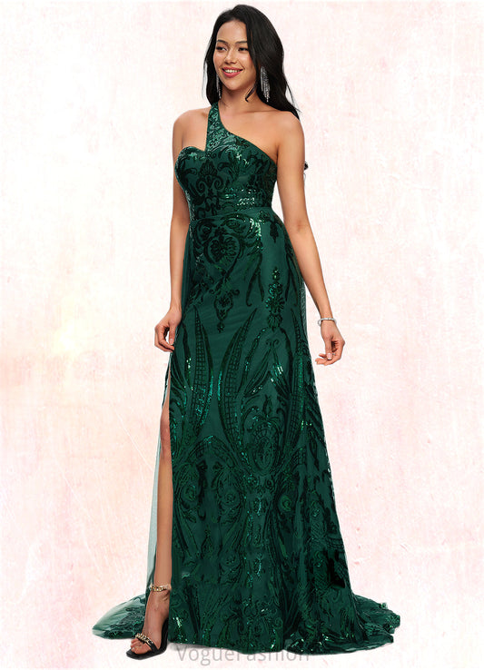 Valeria Trumpet/Mermaid One Shoulder Sweep Train Sequin Prom Dresses With Sequins DKP0022226