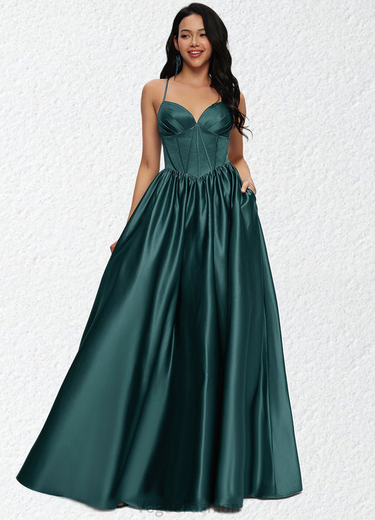 Karley Ball-Gown/Princess V-Neck Floor-Length Satin Prom Dresses With Pleated DKP0022230