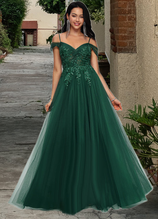Litzy A-line Off the Shoulder Floor-Length Tulle Prom Dresses With Appliques Lace Sequins DKP0022231