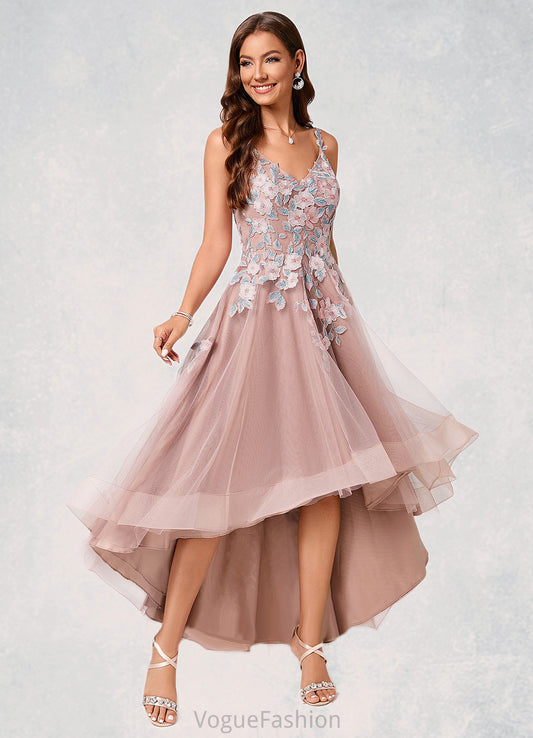 Katelyn A-line Off the Shoulder Asymmetrical Lace Tulle Cocktail Dress With Flower DKP0022258