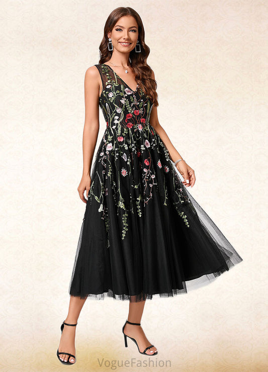 Kitty A-line V-Neck Tea-Length Lace Tulle Cocktail Dress With Appliques Lace DKP0022260