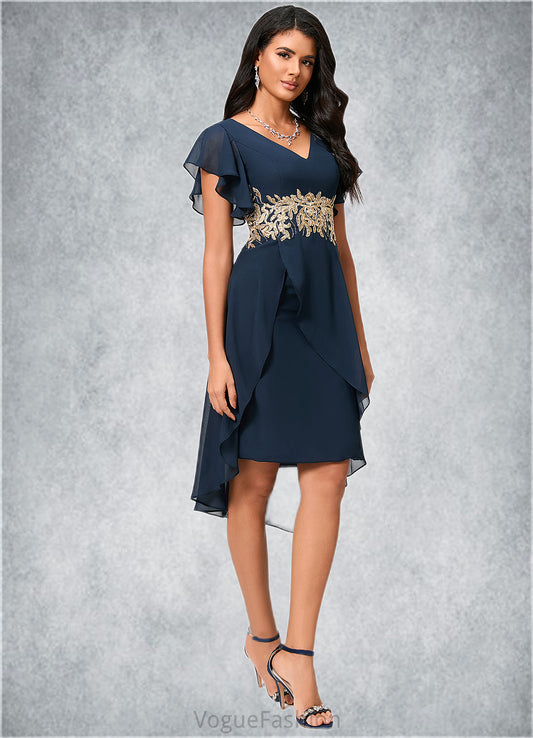 Jakayla Sheath/Column V-Neck Asymmetrical Chiffon Lace Cocktail Dress With Appliques Lace DKP0022268