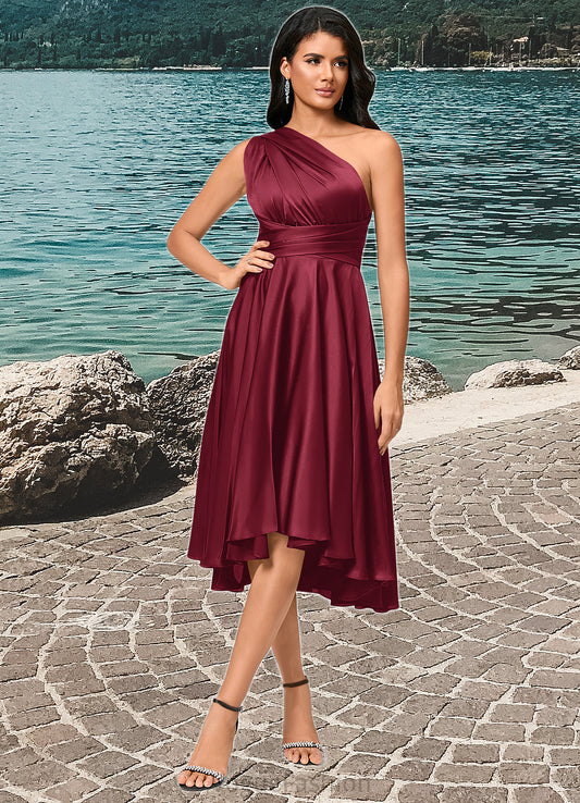 Joselyn A-line Halter One Shoulder V-Neck Asymmetrical Silky Satin Cocktail Dress With Ruffle DKP0022280