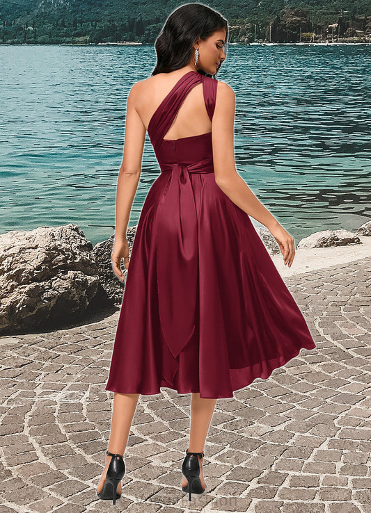 Joselyn A-line Halter One Shoulder V-Neck Asymmetrical Silky Satin Cocktail Dress With Ruffle DKP0022280