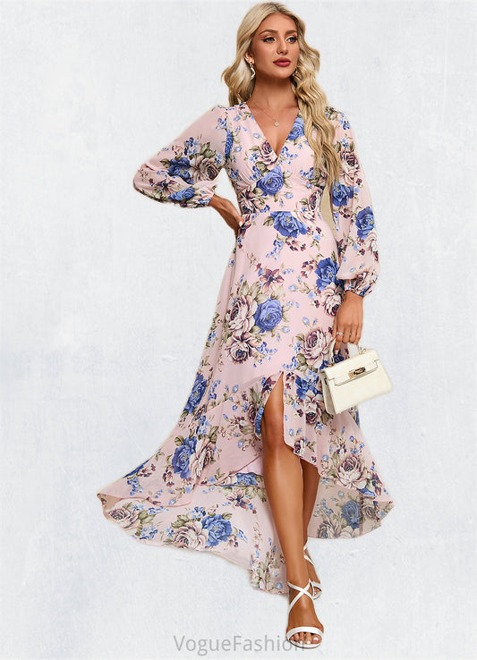 Kylie Ruffle Floral Print V-Neck Elegant A-line Chiffon Asymmetrical Dresses DKP0022327
