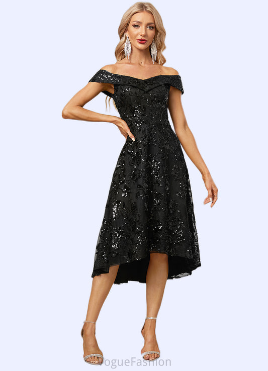 Keely A-line Off the Shoulder Asymmetrical Lace Sequin Cocktail Dress With Sequins DKP0022328