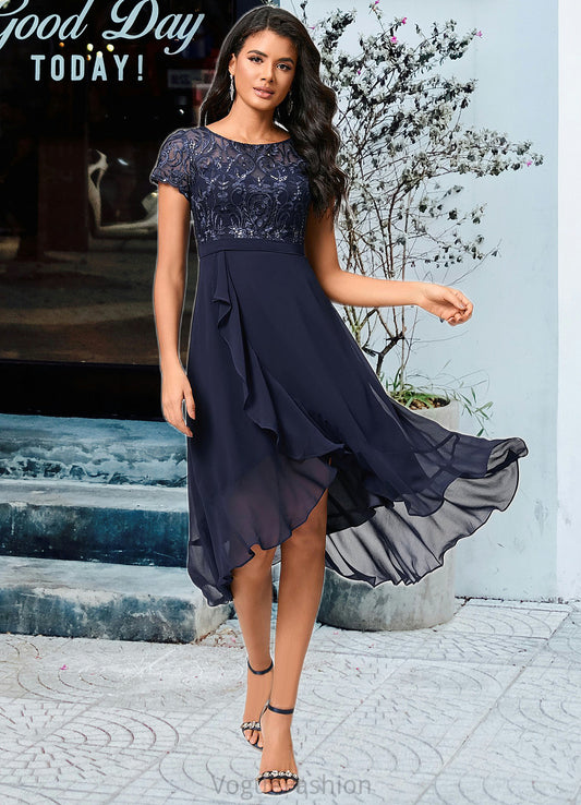Aliyah A-line Scoop Asymmetrical Chiffon Lace Cocktail Dress With Cascading Ruffles DKP0022334