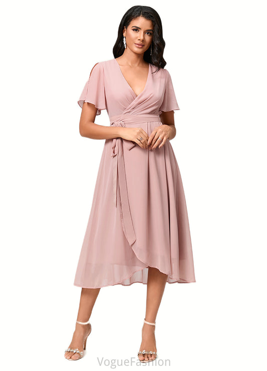 Madalyn A-line V-Neck Asymmetrical Chiffon Cocktail Dress With Bow Pleated DKP0022368