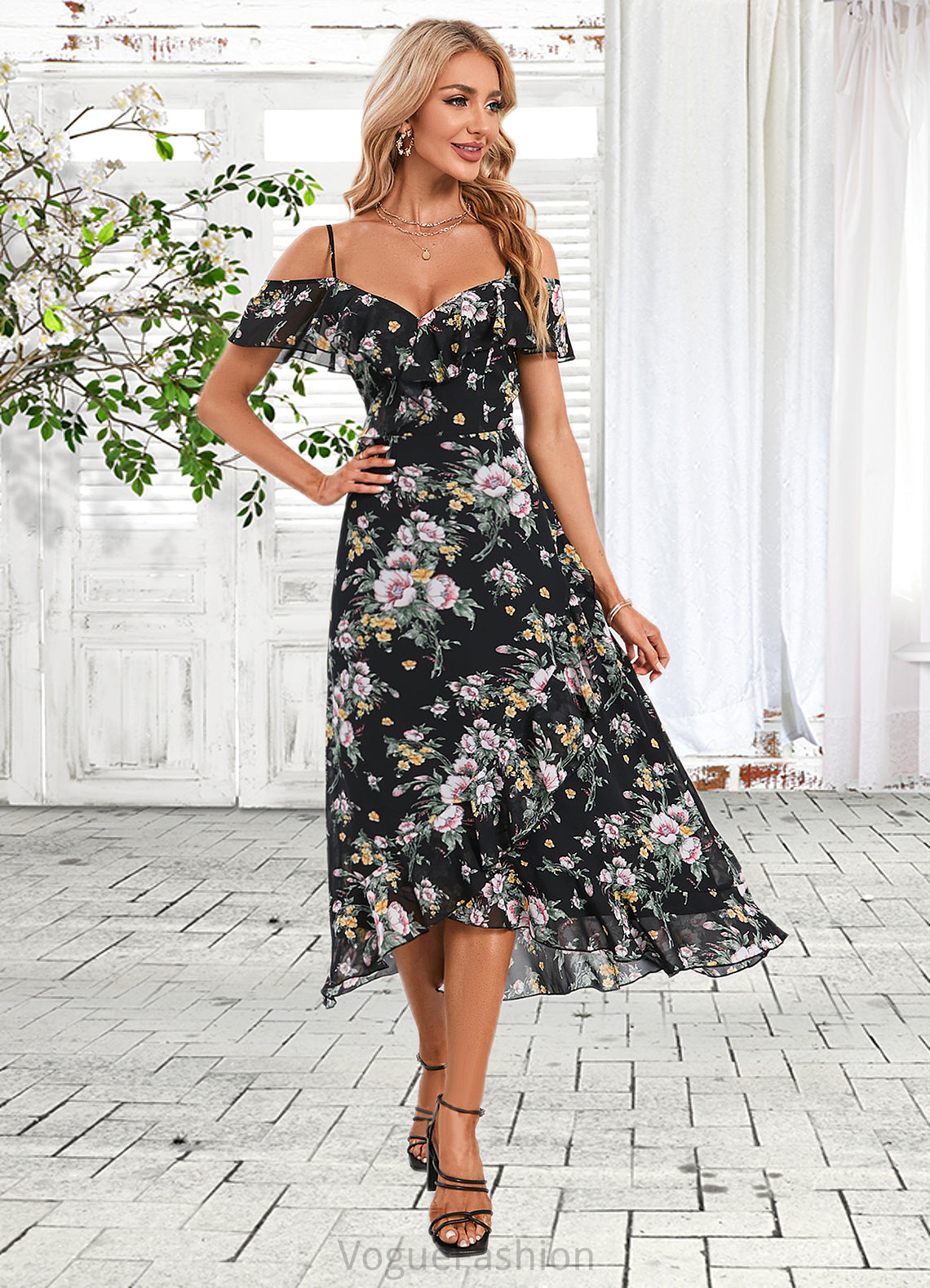 Leah Floral Print Cold Shoulder Elegant A-line Chiffon Asymmetrical Dresses DKP0022369
