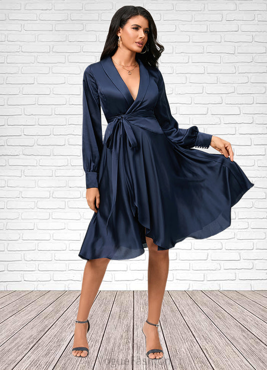 Hilary A-line V-Neck Asymmetrical Silky Satin Cocktail Dress With Bow DKP0022385