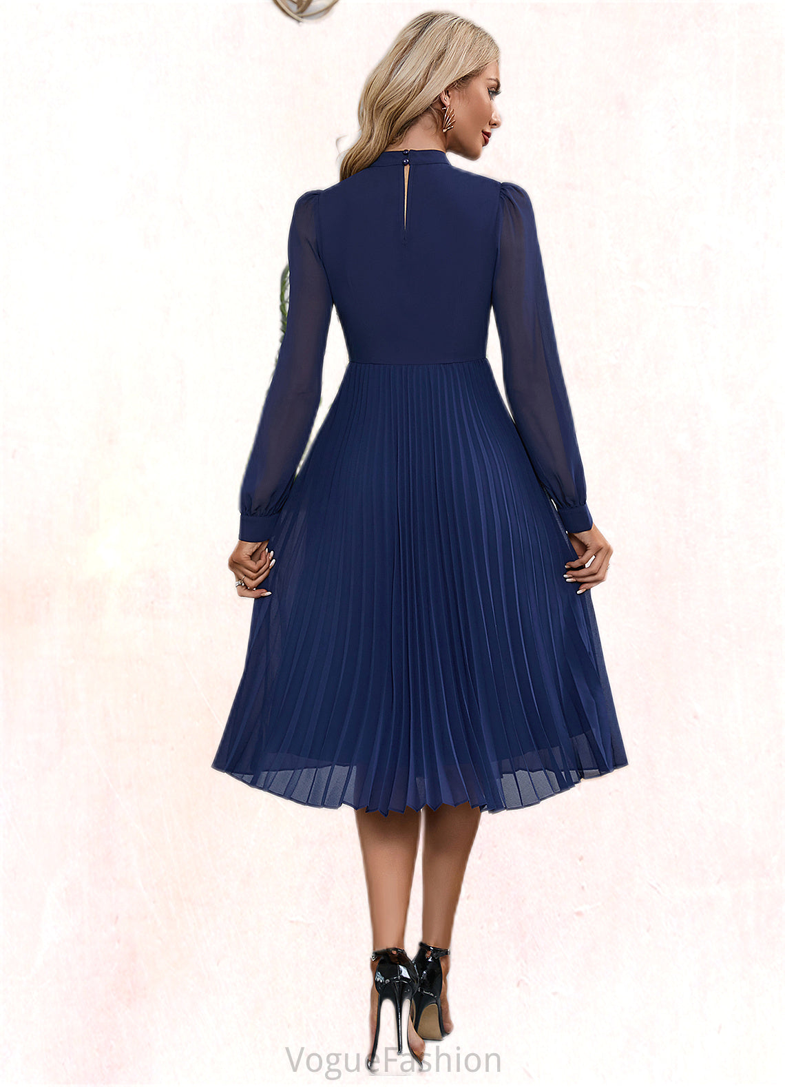 Ursula Pleated High Neck Elegant A-line Chiffon Midi Dresses DKP0022416