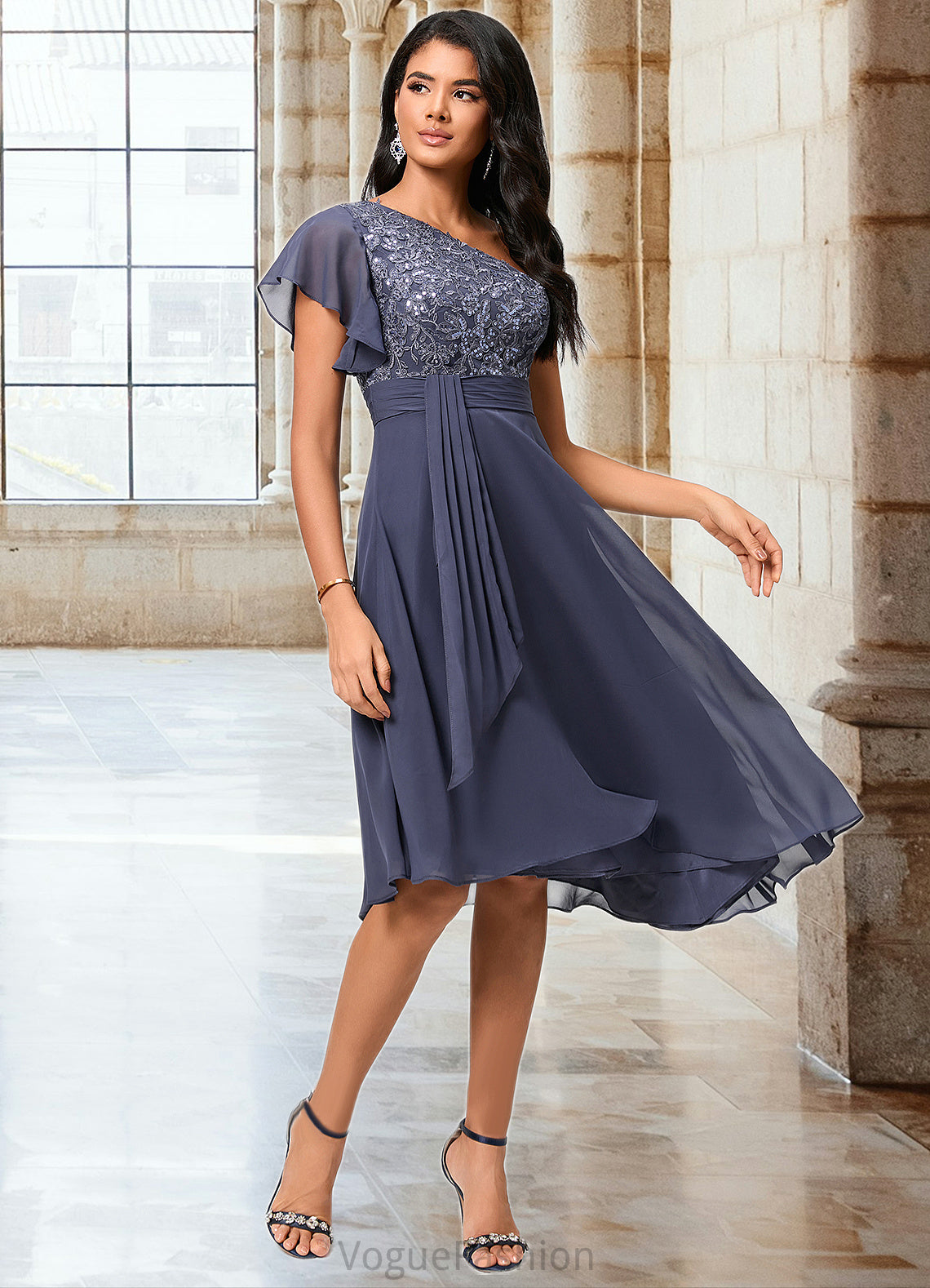 Miracle A-line One Shoulder Tea-Length Chiffon Cocktail Dress With Ruffle DKP0022428