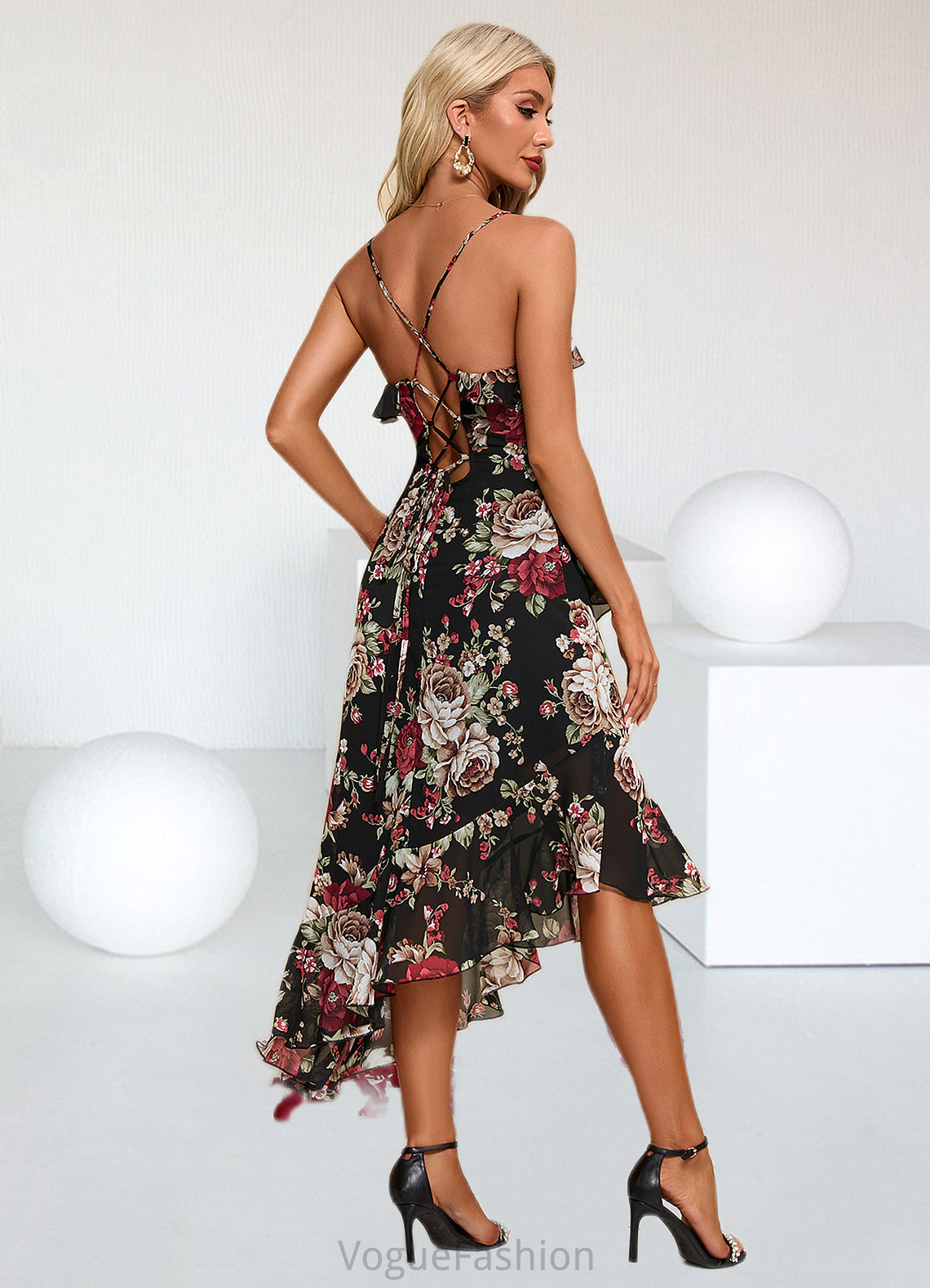Cecilia Ruffle Floral Print V-Neck Elegant A-line Chiffon Asymmetrical Dresses DKP0022447
