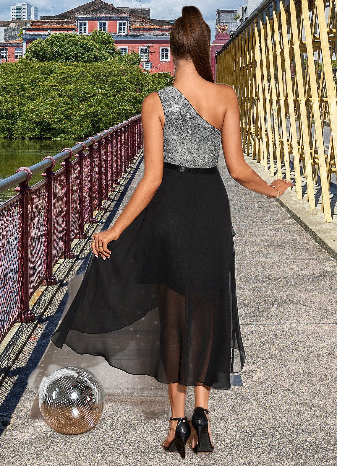 Gillian Sequins One Shoulder Elegant A-line Chiffon Asymmetrical Dresses DKP0022475