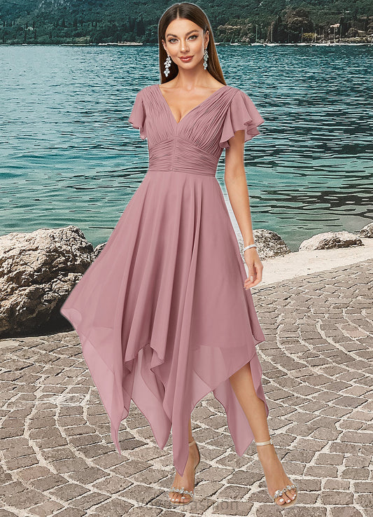 Leilani A-line V-Neck Ankle-Length Chiffon Cocktail Dress With Ruffle DKP0022486