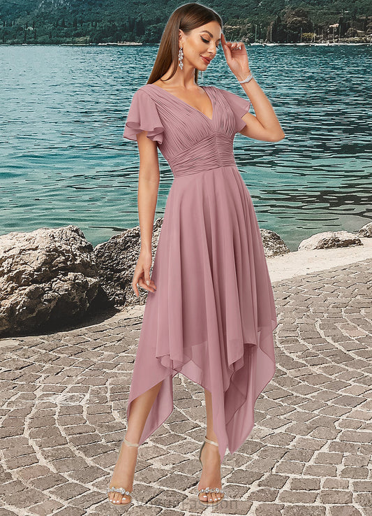 Leilani A-line V-Neck Ankle-Length Chiffon Cocktail Dress With Ruffle DKP0022486