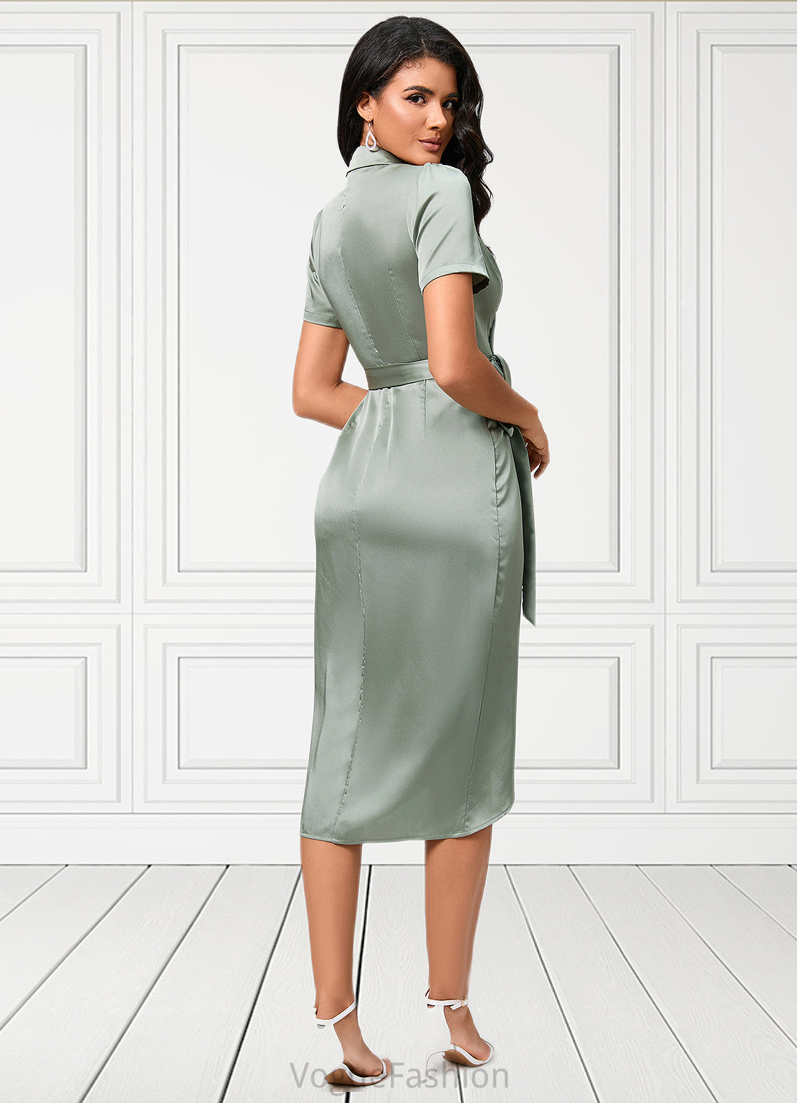 Anna Sheath/Column V-Neck Asymmetrical Satin Cocktail Dress With Bow DKP0022488
