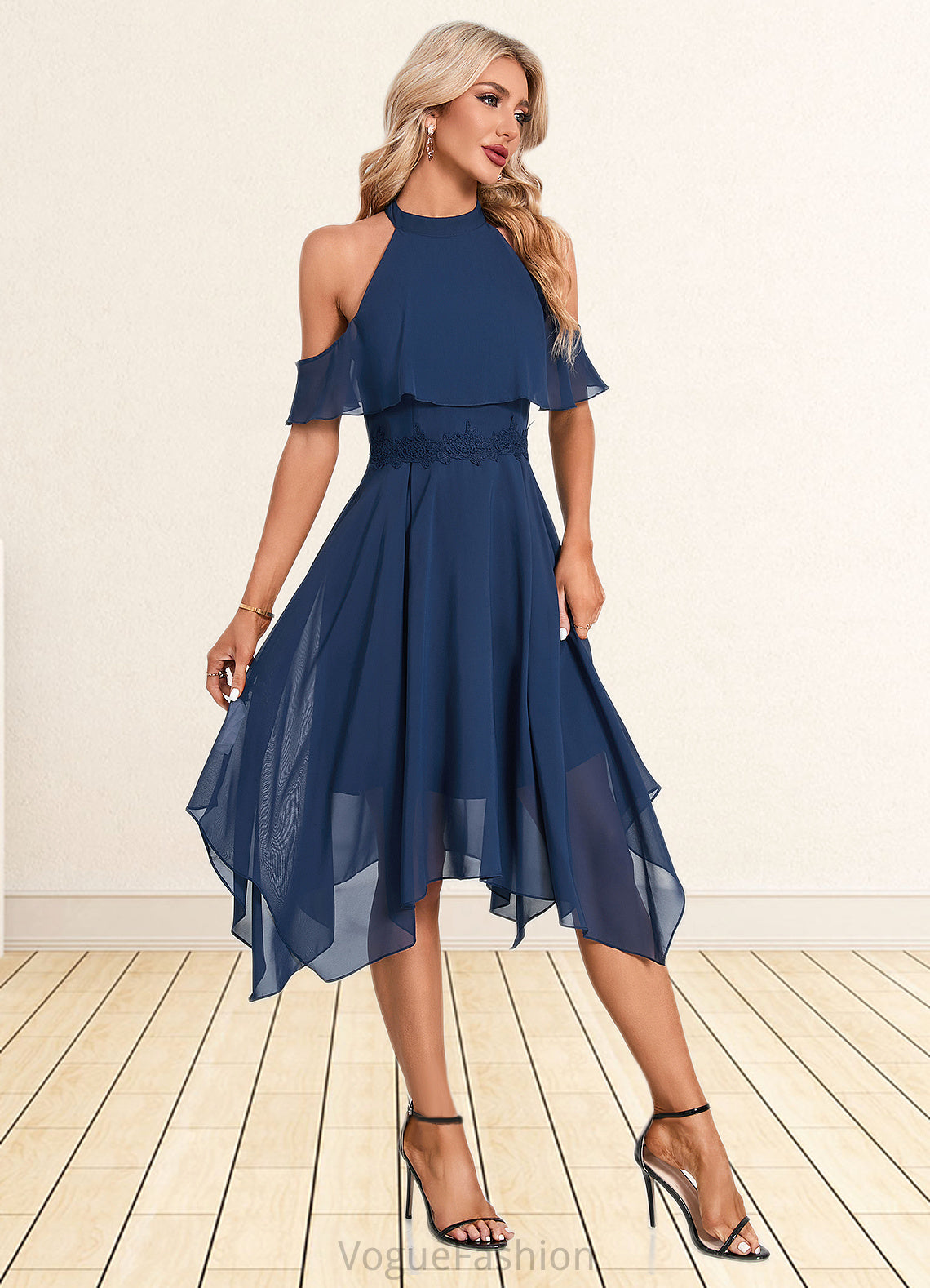 Thalia Appliques Lace Off the Shoulder Elegant A-line Chiffon Asymmetrical Dresses DKP0022489