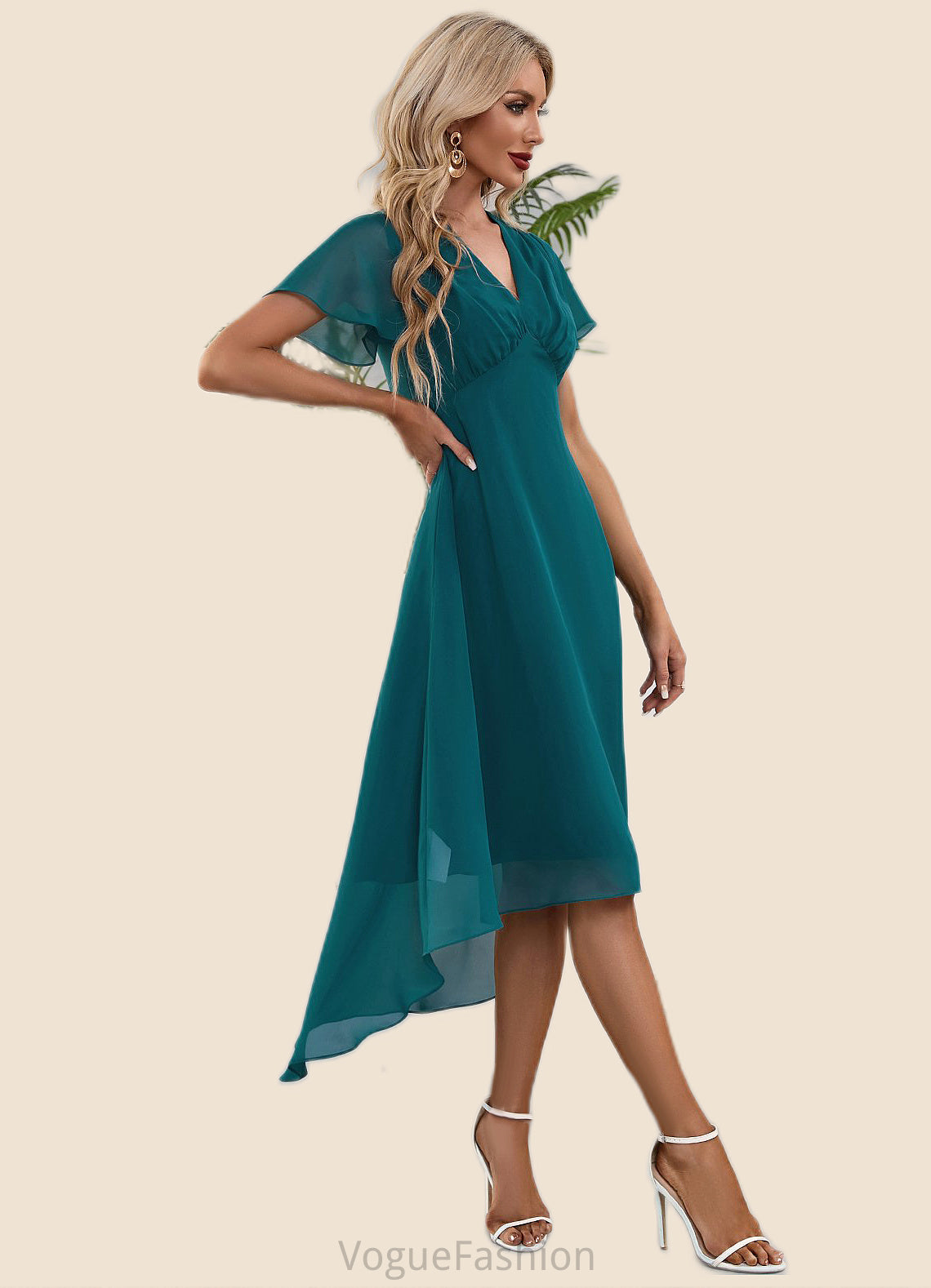 Maddison V-Neck Elegant A-line Chiffon Asymmetrical Midi Dresses DKP0022495