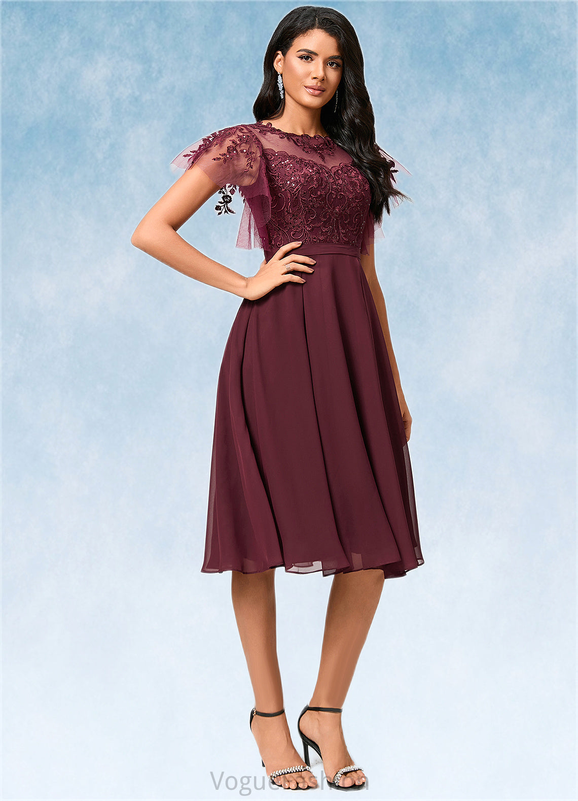 Lilly A-line Illusion Knee-Length Chiffon Cocktail Dress With Sequins DKP0022512