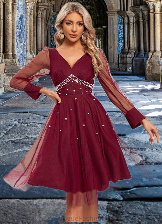 Abbey Beading V-Neck Elegant A-line Tulle Midi Dresses DKP0022521
