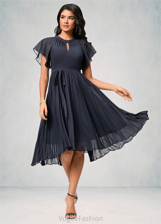Hedda A-line Scoop Asymmetrical Chiffon Cocktail Dress With Bow Pleated DKP0022530