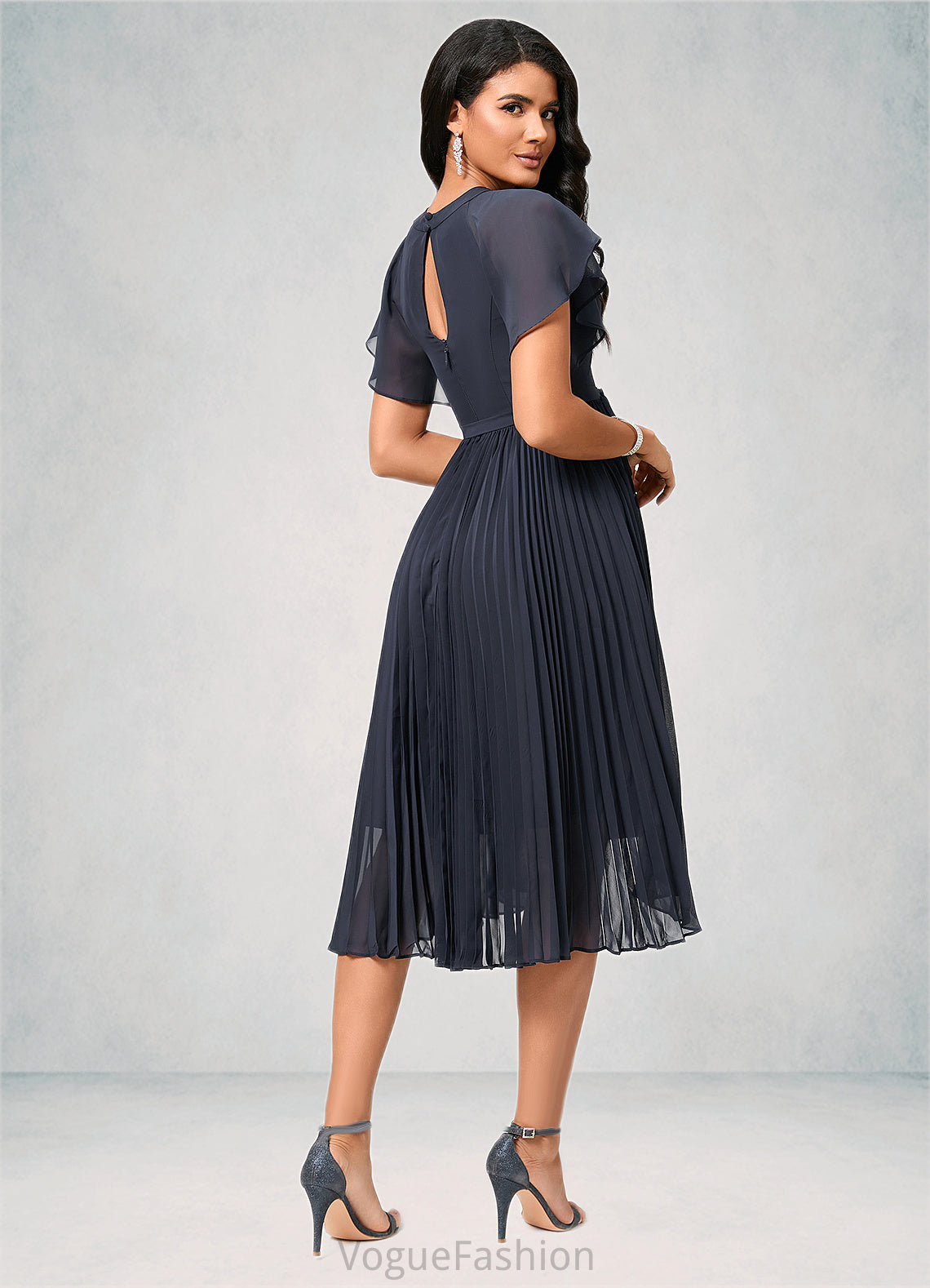 Hedda A-line Scoop Asymmetrical Chiffon Cocktail Dress With Bow Pleated DKP0022530