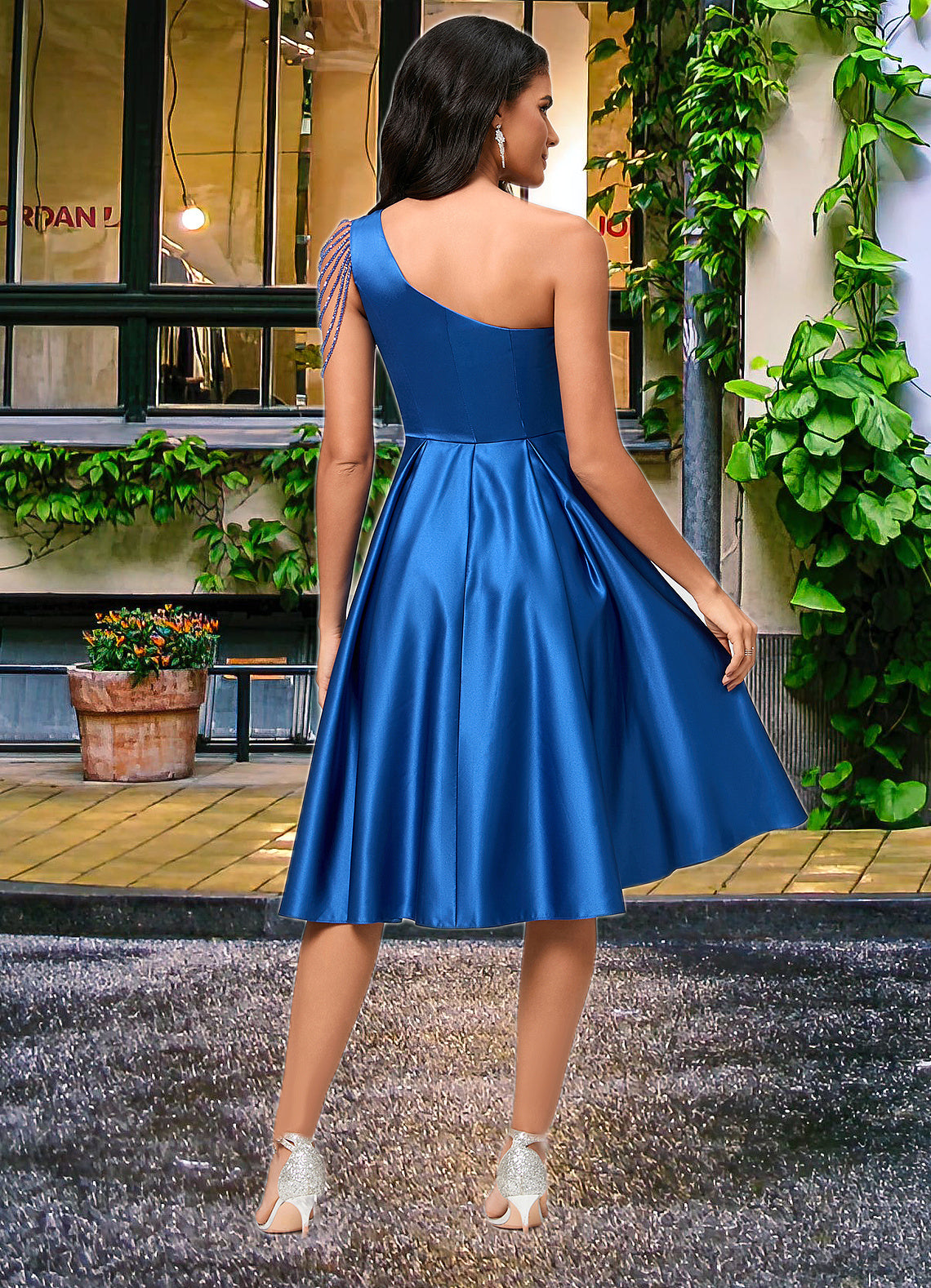 Florence A-line One Shoulder Knee-Length Satin Cocktail Dress With Beading Pleated DKP0022531