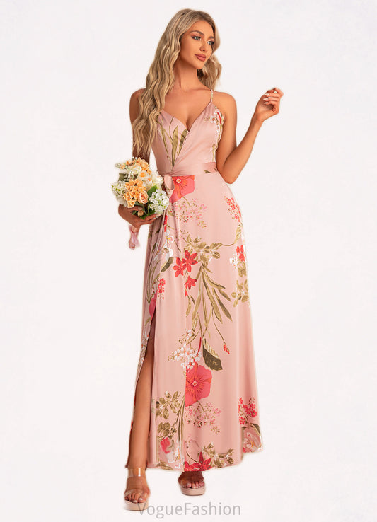 Adeline A-line V-Neck Floor-Length Asymmetrical Satin Bridesmaid Dress With Floral Print DKP0022568