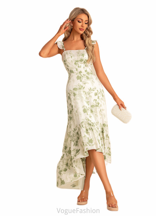 Rayna A-line Straight Floor-Length Asymmetrical Satin Bridesmaid Dress With Ruffle Floral Print DKP0022571