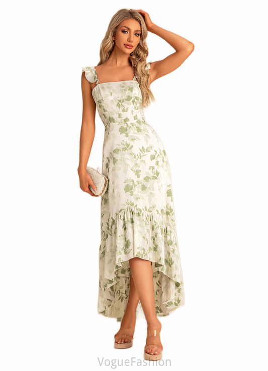 Rayna A-line Straight Floor-Length Asymmetrical Satin Bridesmaid Dress With Ruffle Floral Print DKP0022571