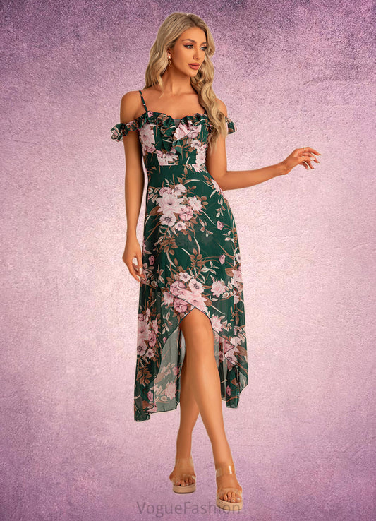Madeline A-line Sweetheart Tea-Length Asymmetrical Chiffon Bridesmaid Dress With Floral Print Ruffle DKP0022572