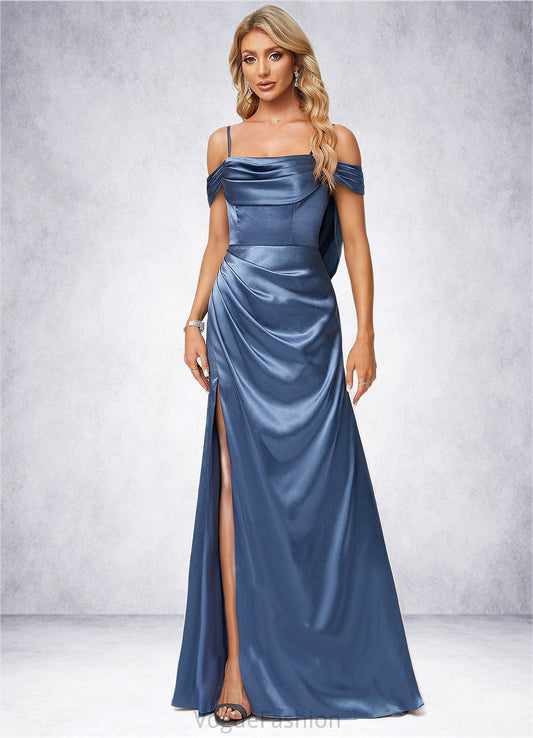 Paloma A-line Cold Shoulder Floor-Length Stretch Satin Bridesmaid Dress With Ruffle DKP0022578