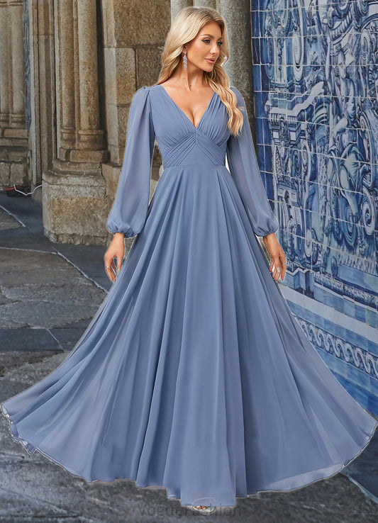Adalynn A-line V-Neck Floor-Length Chiffon Bridesmaid Dress DKP0022579