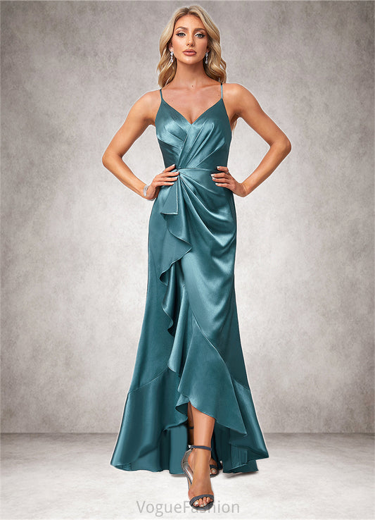 Kathy A-line V-Neck Asymmetrical Stretch Satin Bridesmaid Dress With Ruffle DKP0022584