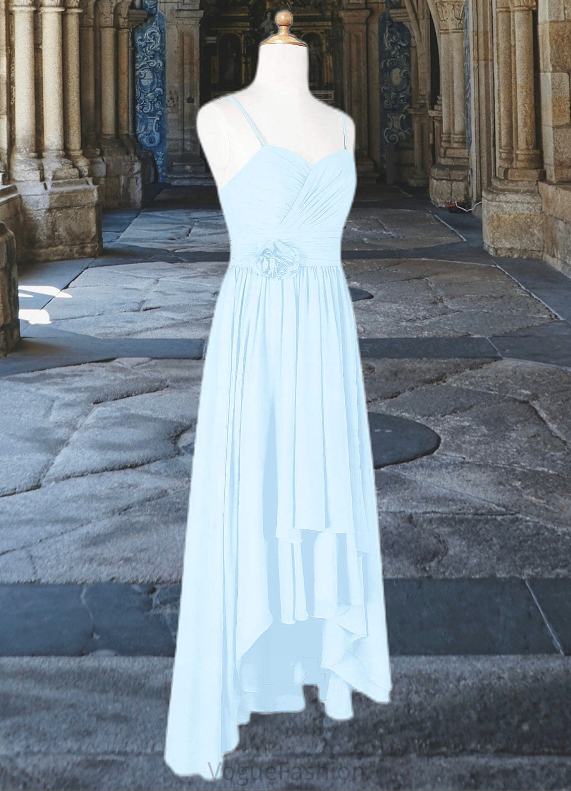 Adelaide A-Line Ruched Chiffon Asymmetrical Junior Bridesmaid Dress Sky Blue DKP0022848