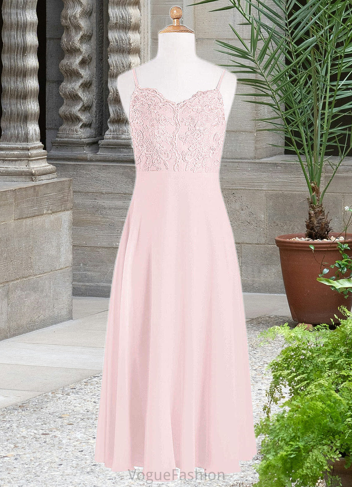 Abril A-Line Lace Chiffon Floor-Length Junior Bridesmaid Dress Blushing Pink DKP0022853