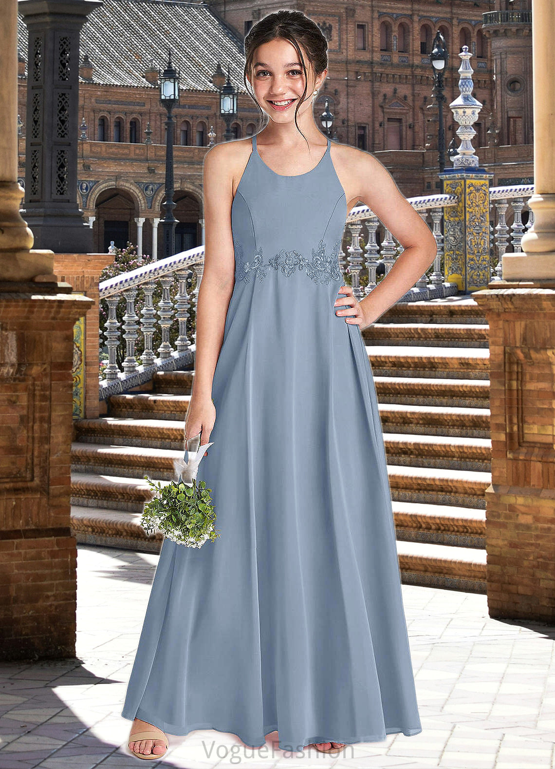 Judith A-Line Lace Chiffon Floor-Length Junior Bridesmaid Dress dusty blue DKP0022860